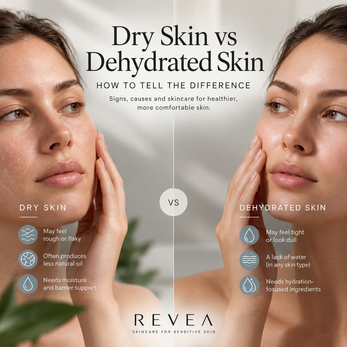 Dry skin vs dehydrated skin comparison showing common signs and skincare needs for hydration and barrier support | REVEA Australia
