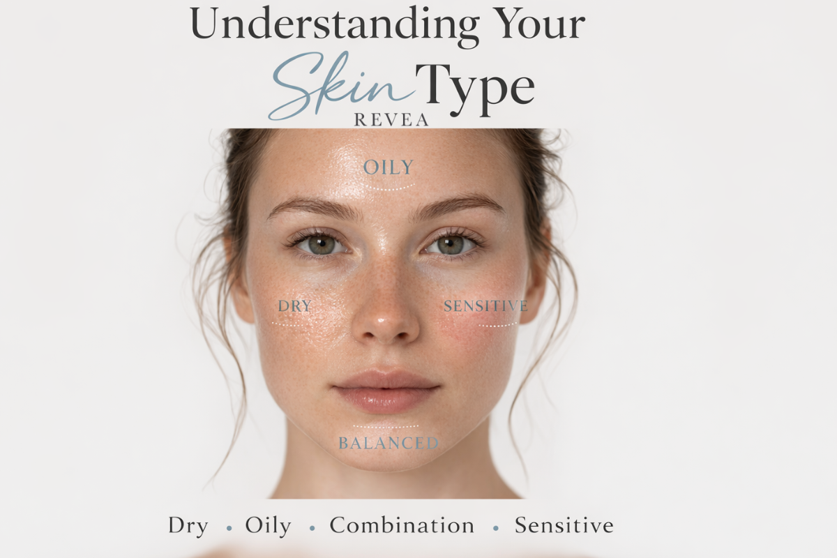 Woman’s face illustrating dry, oily, combination and sensitive skin types.