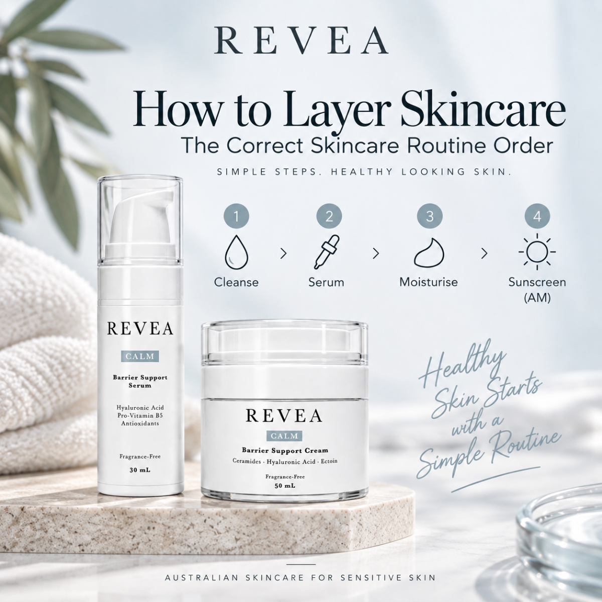 How to layer skincare in the correct order with serum, moisturiser and sunscreen | REVEA Australia