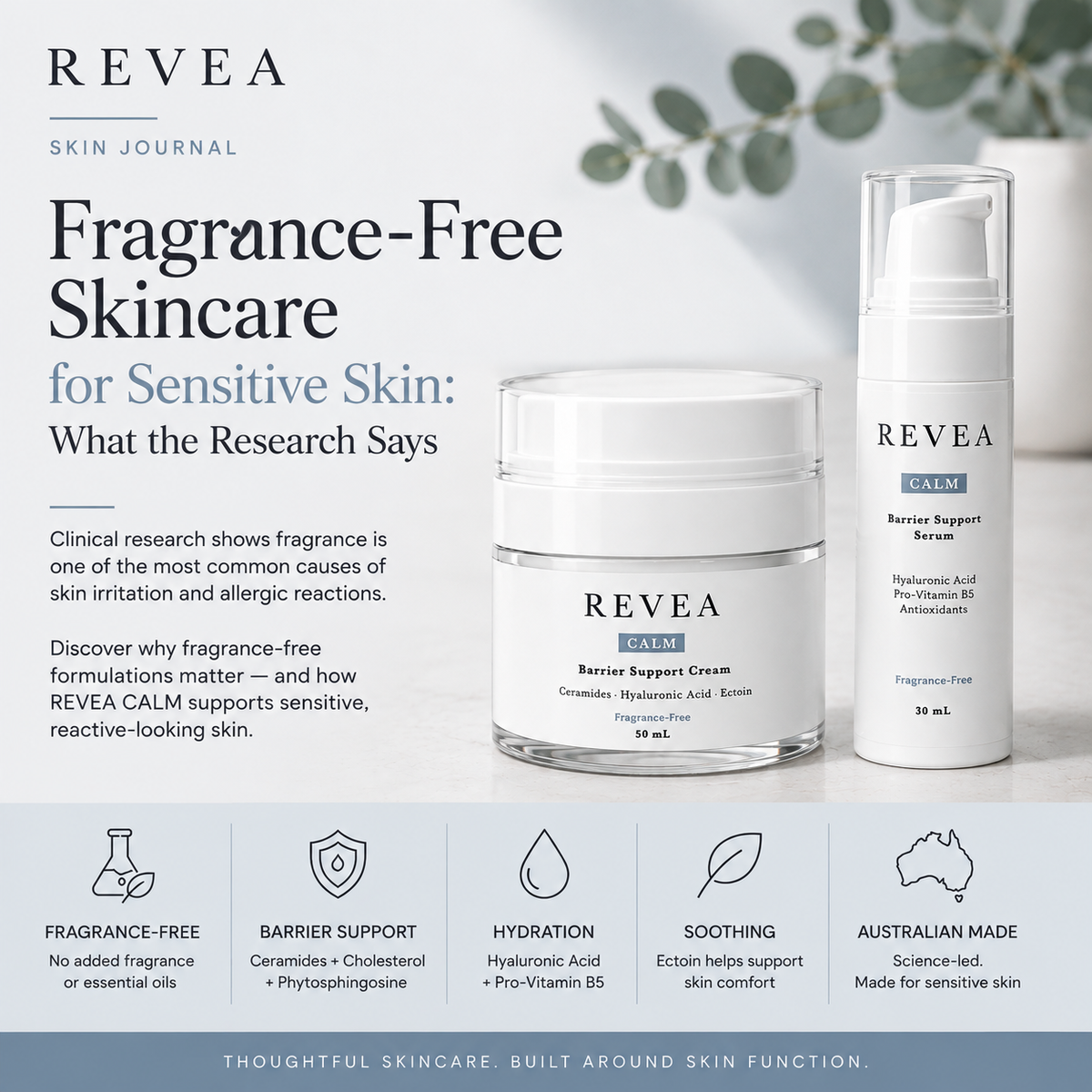 REVEA fragrance-free skincare for sensitive skin featuring CALM Barrier Support Cream and Serum with ceramides, hyaluronic acid, ectoin and Pro-Vitamin B5.