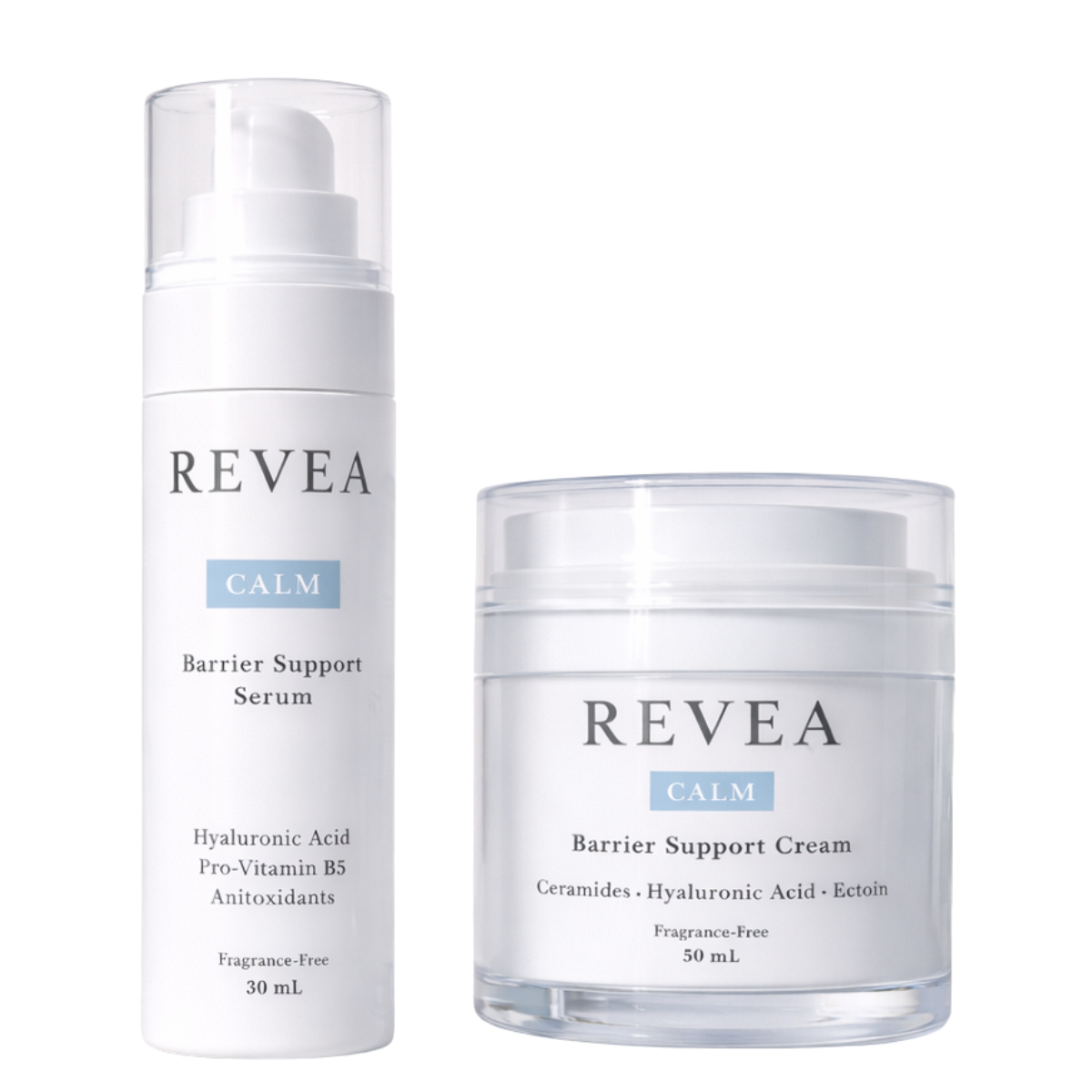 REVEA CALM Barrier Support Serum and Cream with hyaluronic acid ceramides and pro-vitamin B5 panthenol for sensitive dry Australian skin hydration and barrier support