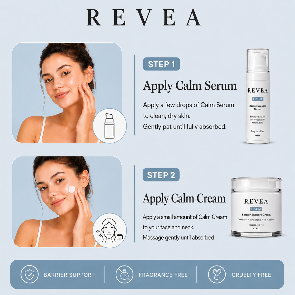Infographic showing the two-step REVEA CALM skincare routine: apply REVEA CALM Barrier Support Serum first, followed by REVEA CALM Barrier Support Cream to support hydration and the skin barrier.