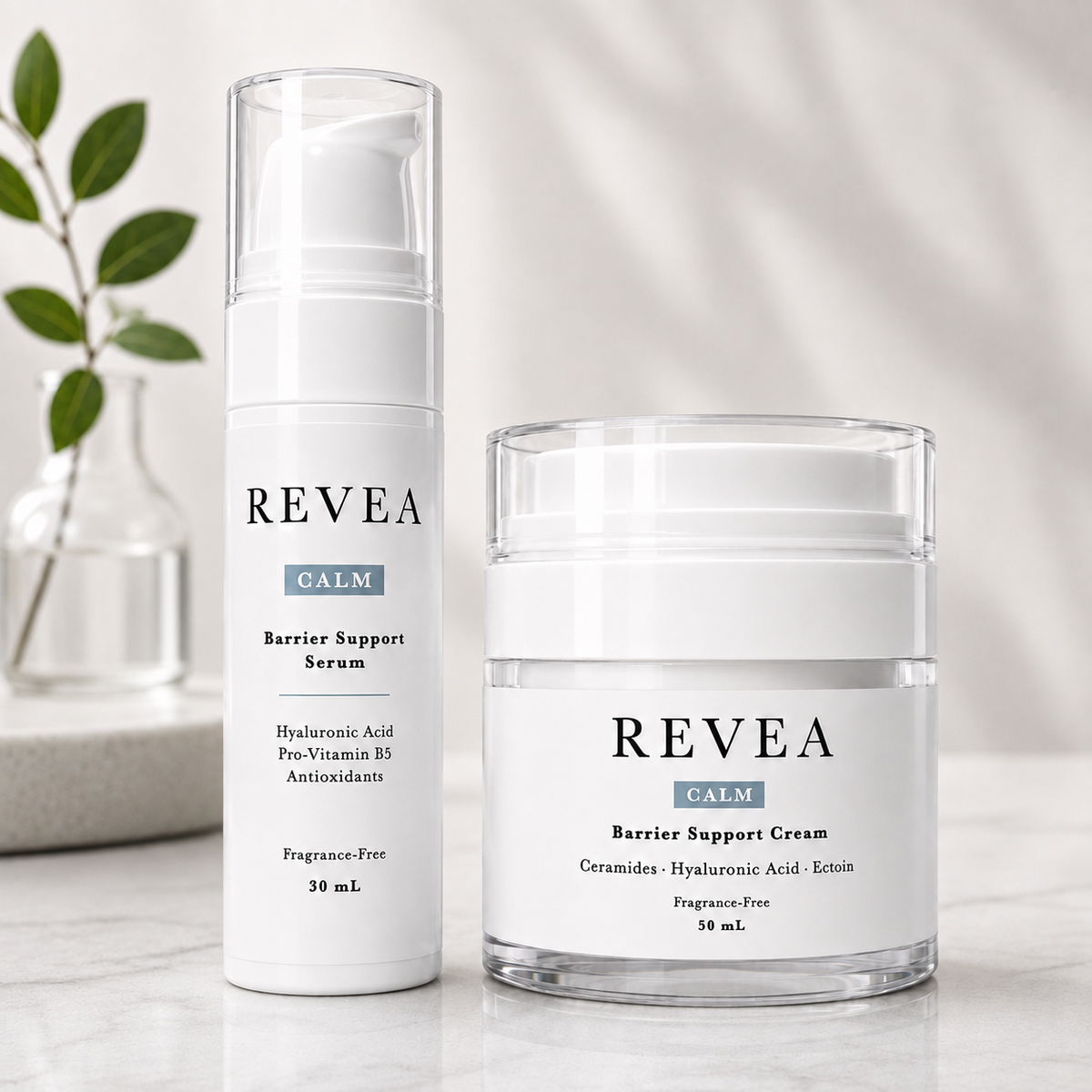 REVEA CALM hyaluronic acid serum and ceramide cream duo for sensitive skin