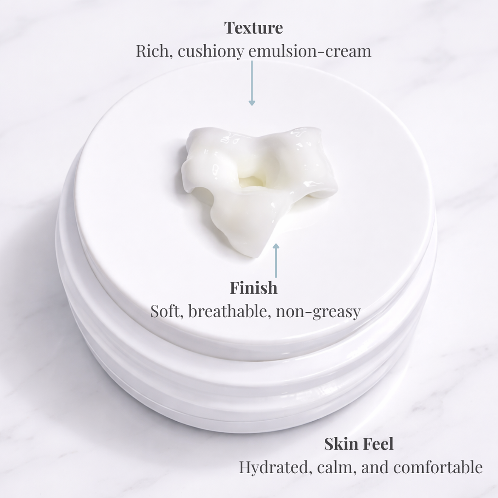 REVEA CALM Barrier Support Cream rich emulsion texture, hydrating ceramide moisturiser for sensitive dry skin Australia