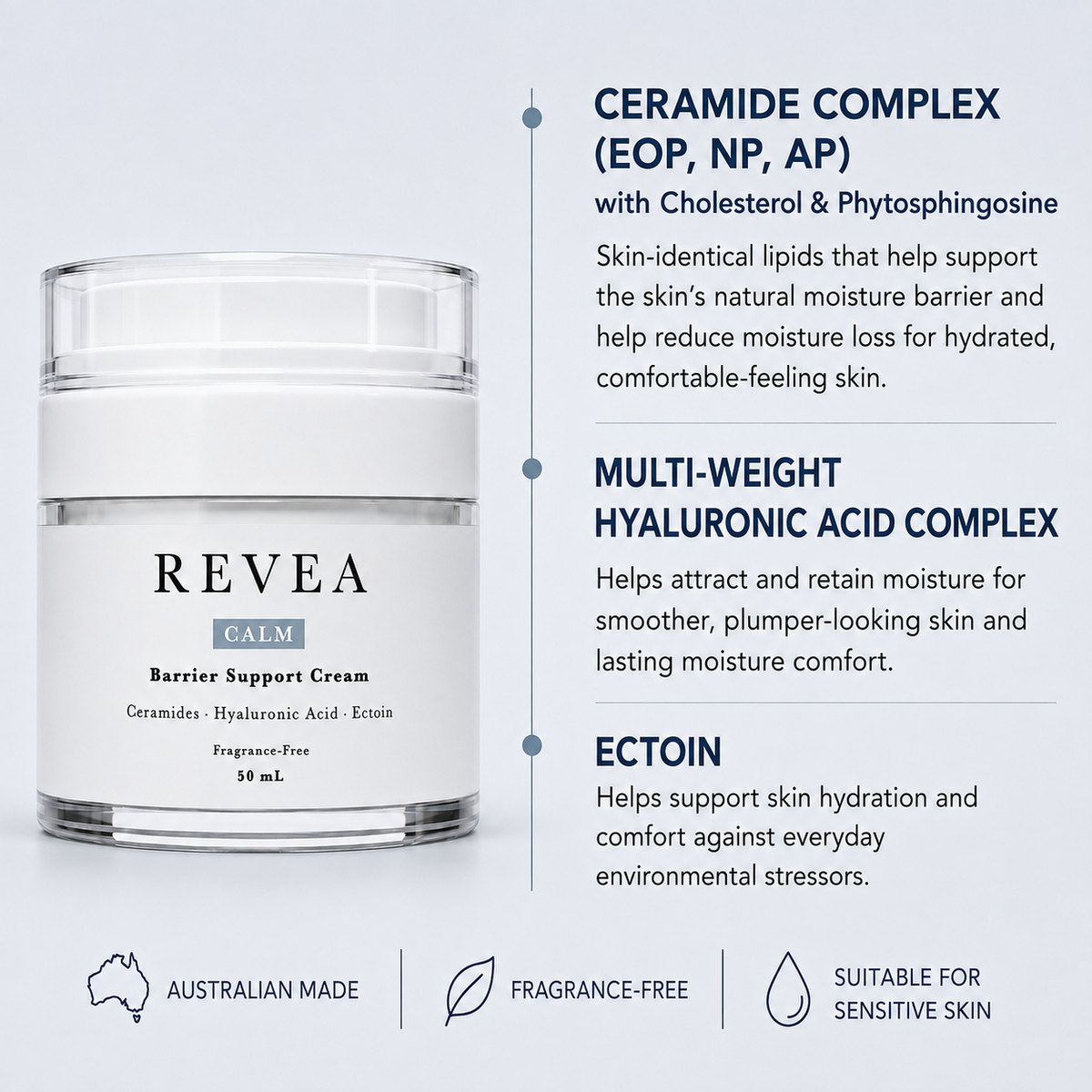 REVEA CALM ceramide moisturiser with hyaluronic acid and ectoin for sensitive skin