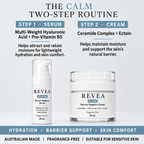 REVEA CALM two-step routine showing hyaluronic acid serum and ceramide moisturiser ingredients and benefits