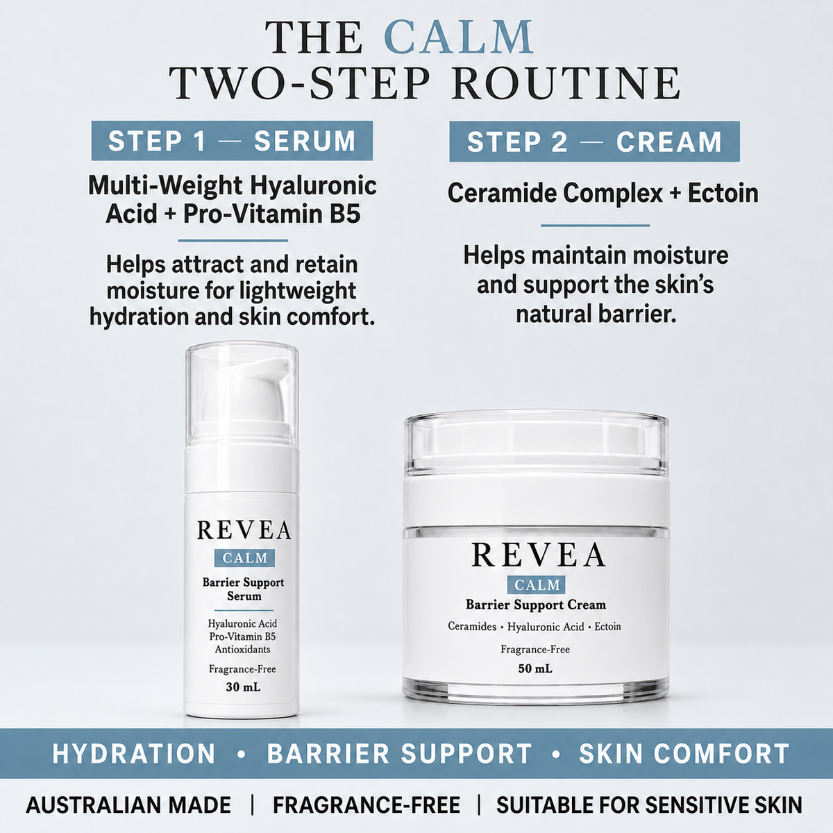 REVEA CALM two-step routine showing hyaluronic acid serum and ceramide moisturiser ingredients and benefits