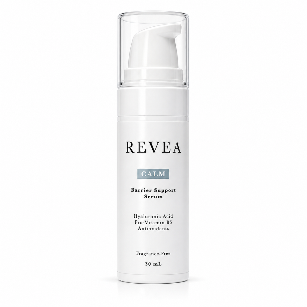 A 30 mL white pump bottle of REVEA Calm Barrier Support Serum with a clear cap, shown on a clean white background.