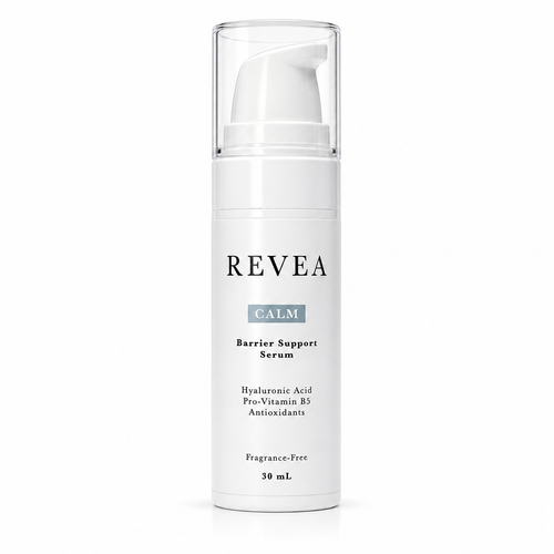 A 30 mL white pump bottle of REVEA Calm Barrier Support Serum with a clear cap, shown on a clean white background.