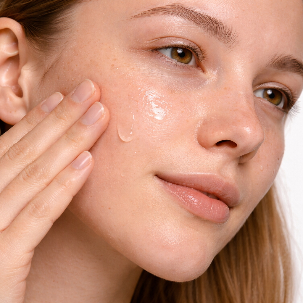Model applying REVEA CALM Barrier Support Serum with Hyaluronic Acid and Panthenol (Vitamin B5) to support hydration and the skin barrier.